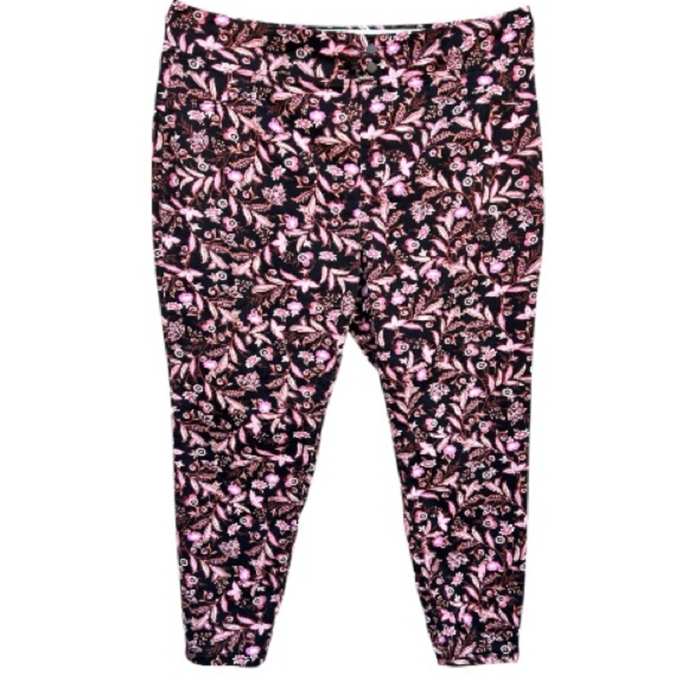 Terra & Sky Floral Jeggings 2X Plus Size Pink Black Pull-On Skinny Stretch Pants